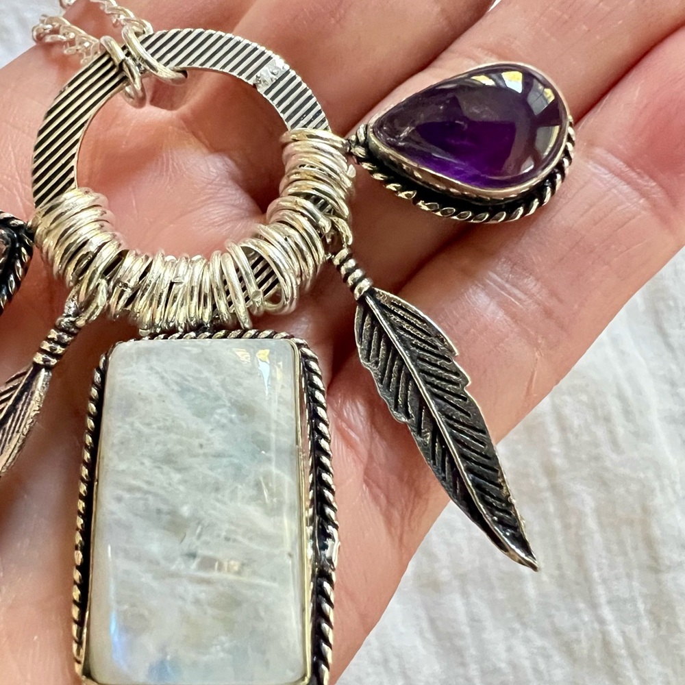 925 WOW WOW!! Amazing! Rainbow Flash Moonstone + Amethyst Feather Necklace - Picture 8 of 10